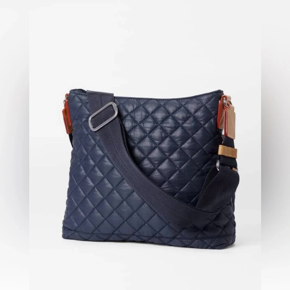 MZ Wallace Black Quilted Nylon Crossbody Bag with Brown Leather Accents